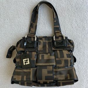 AUTHENTIC FENDI Woven Canvas Crossword Grande Tote